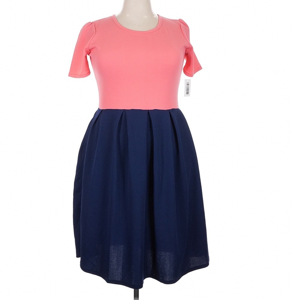 LuLaRoe Womens Amelia Dress Size 2XL XXL Pink Blue Fit & Flare Short Sleeve NWT